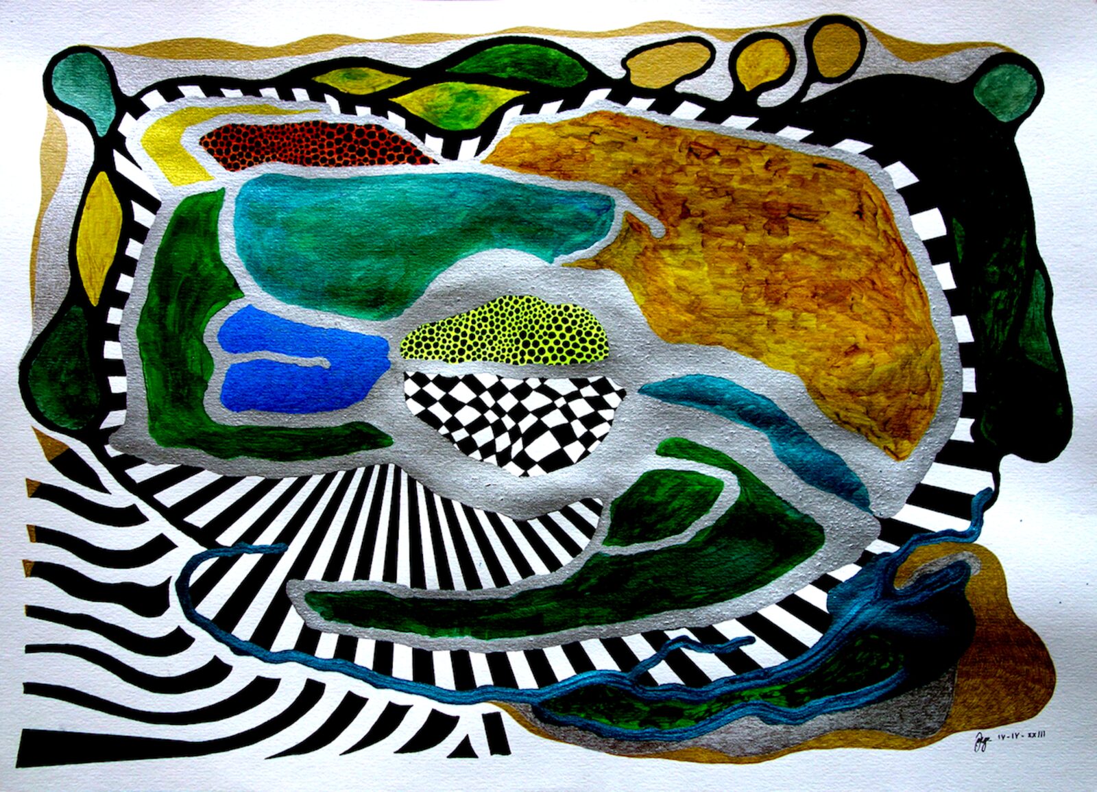 Dessin abstrait aux rayures noires et formes vertes