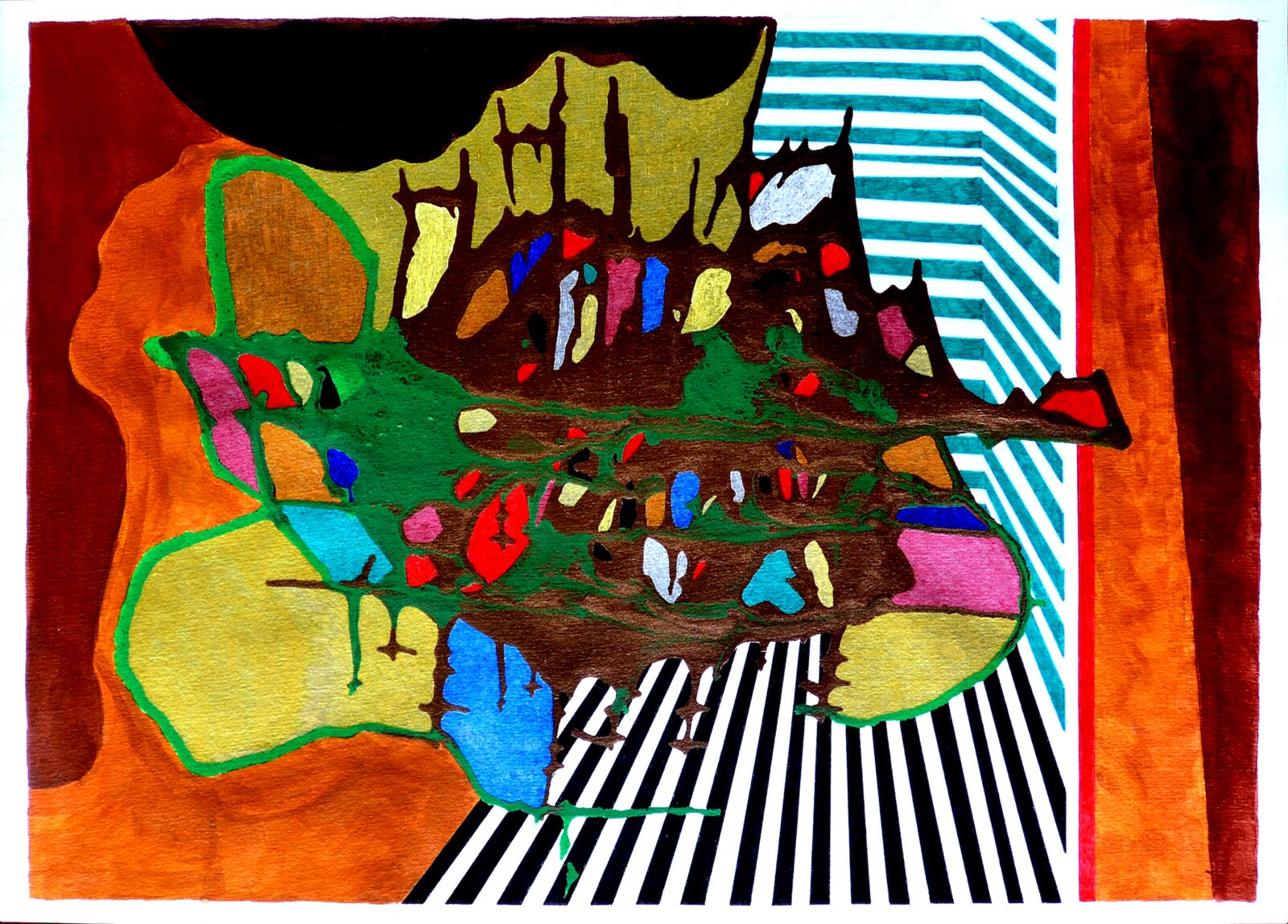 Dessin abstrait rouge et noir aux formes végétales