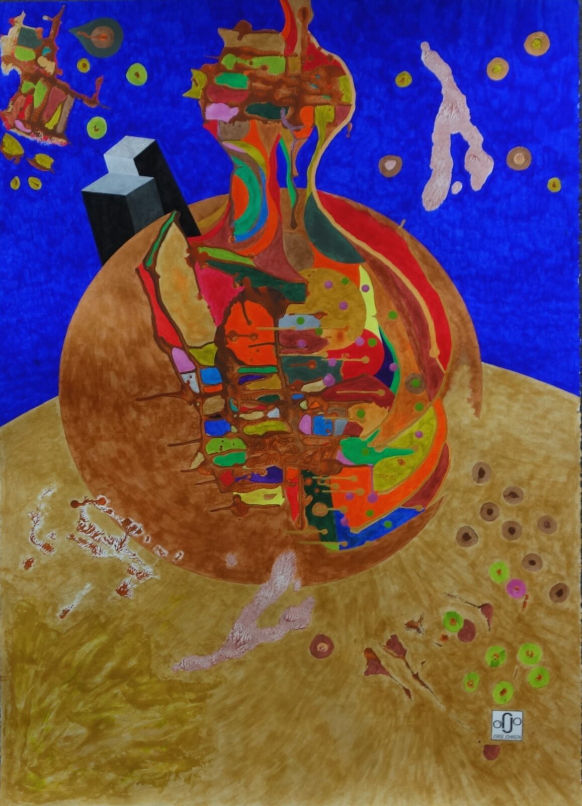 Peinture acrylique, figure sur fond bleu étoilé