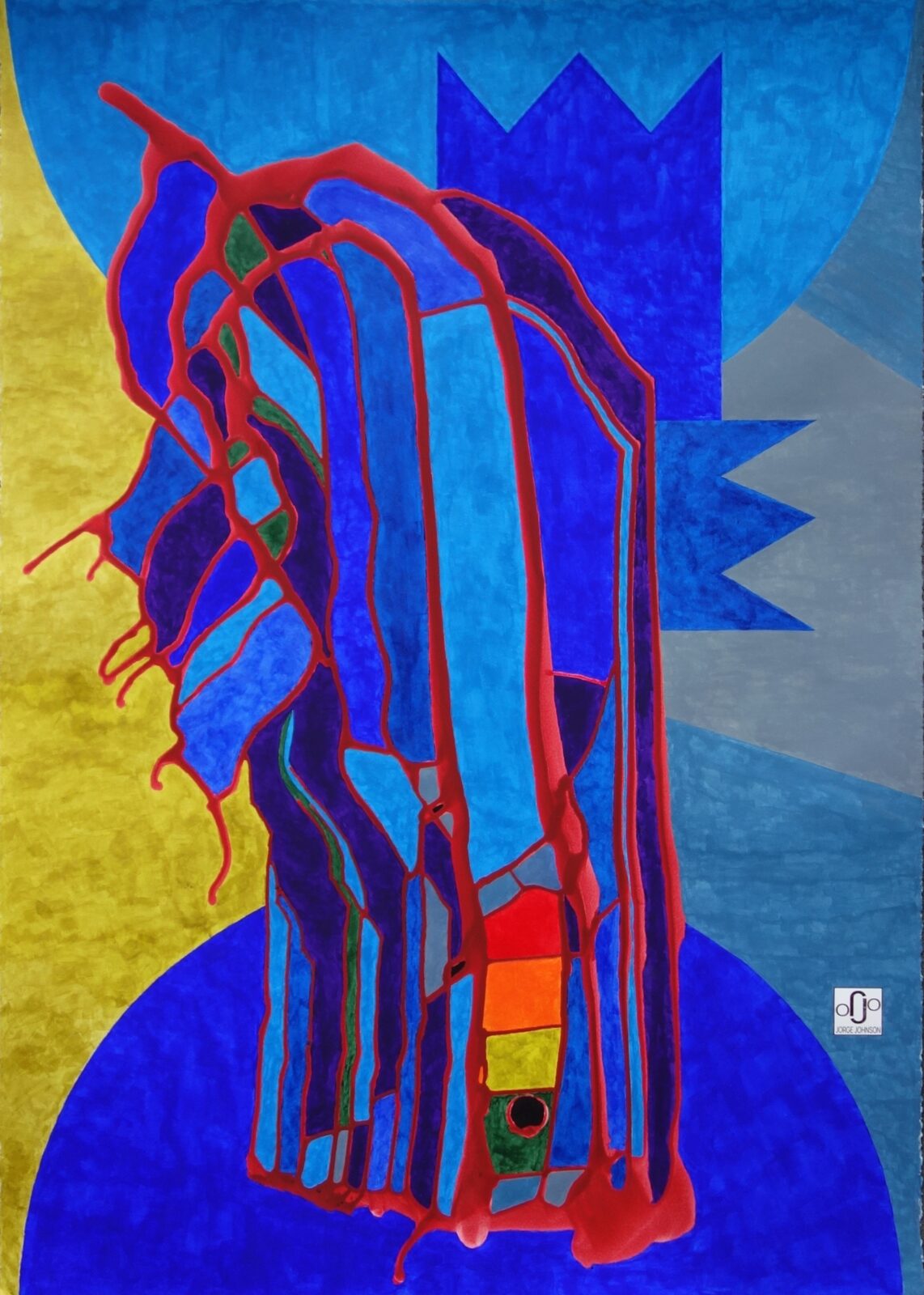 Peinture acrylique, courbes brunes et mosaïque