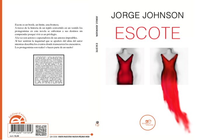 Couverture du roman Escote de Jorge Johnson, robe rouge sur fond blanc